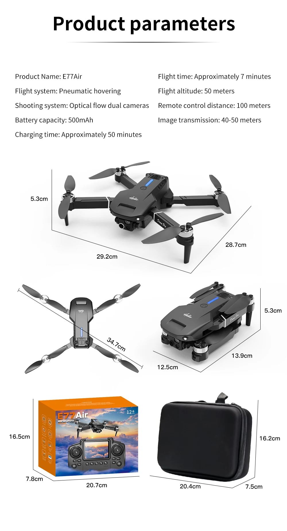 Drone télécommandé E77 avec écran, double caméra HD, moteur sans balais, vol stationnaire de positionnement du flux optique, drone pliable quadrirotor