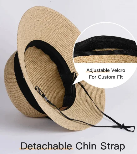 Women\'s Summer Bowknot Ribbon Straw Hat Wide Brim Sunscreen UV Protect Panama Bonnet Adjustable Foldable Beach Sun Visors Girl