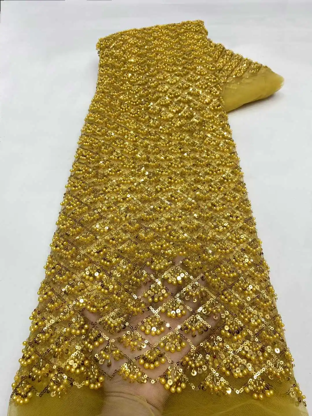 Tessuto di pizzo tull nigeriano di lusso con paillettes di perline fatte a mano per le donne Moda africana 5 metri - Ultimo design di tessuti da sposa