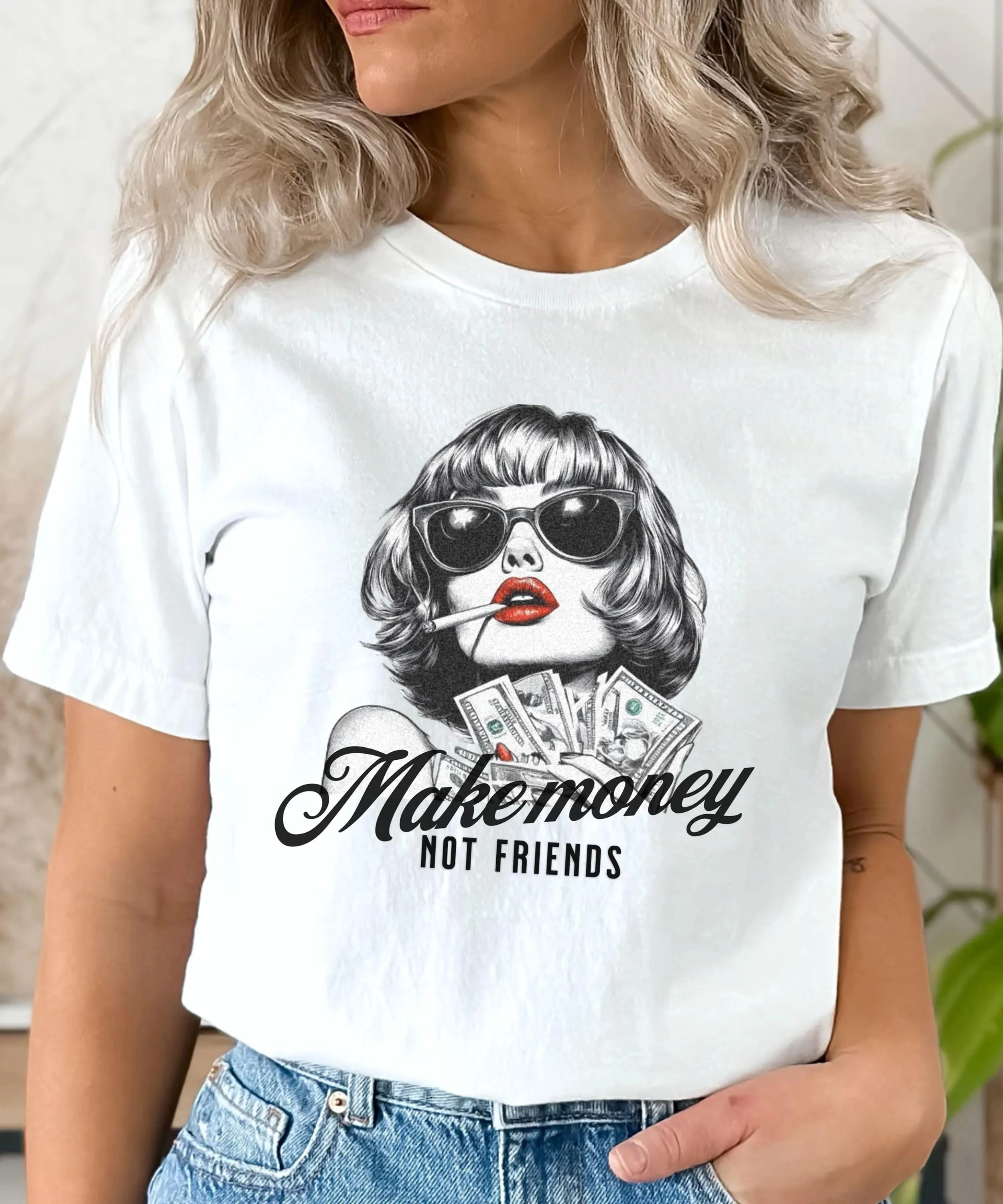 

Make Money Not Friends Graphic Tee: Empowered Woman T-Shirt Summer Men's and Women's Loose and Breathable T-shirt Top