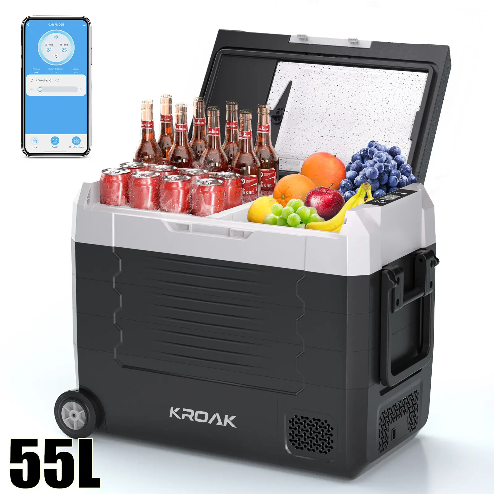Hcalory 35L 45L 55L Dubbele Zone Draagbare Autokoelkast met Wielen, Bluetooth App Besturing, 12V 24V Compressor Koeler voor Kamperen en Reizen