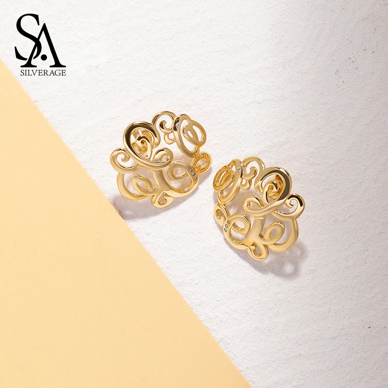 

SA SILVERAGE 925 Sterling Silver 14K Yellow Gold Plated Stud Earrings Woman 925 Silver Zirconia Goddess Earrings Gold Earring