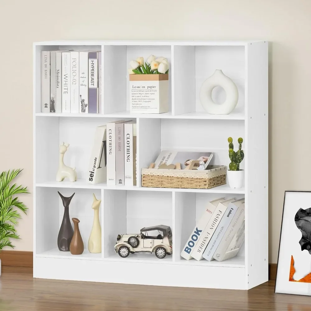 White 3 Tier Bookshelf Wide Modern Horizontal Bookcase Wood Low Book Shelf Wide Display Storage Cabinet with Base