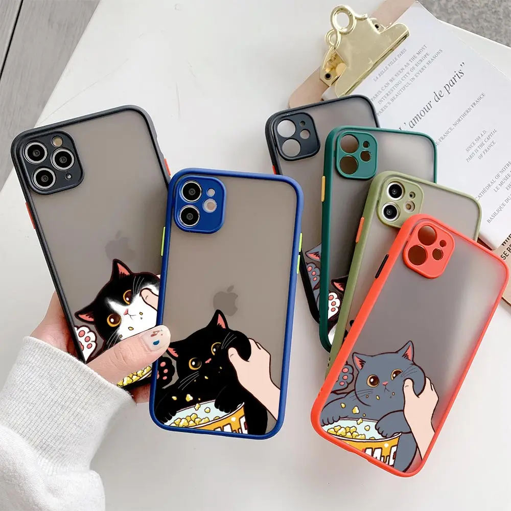 Black Cat Snacking Cartoon Phone Case For Apple iPhone 14 15 Plus 11 13 Pro Max 12 Mini XS XR 8 15 Pro Frosted Translucent Cover