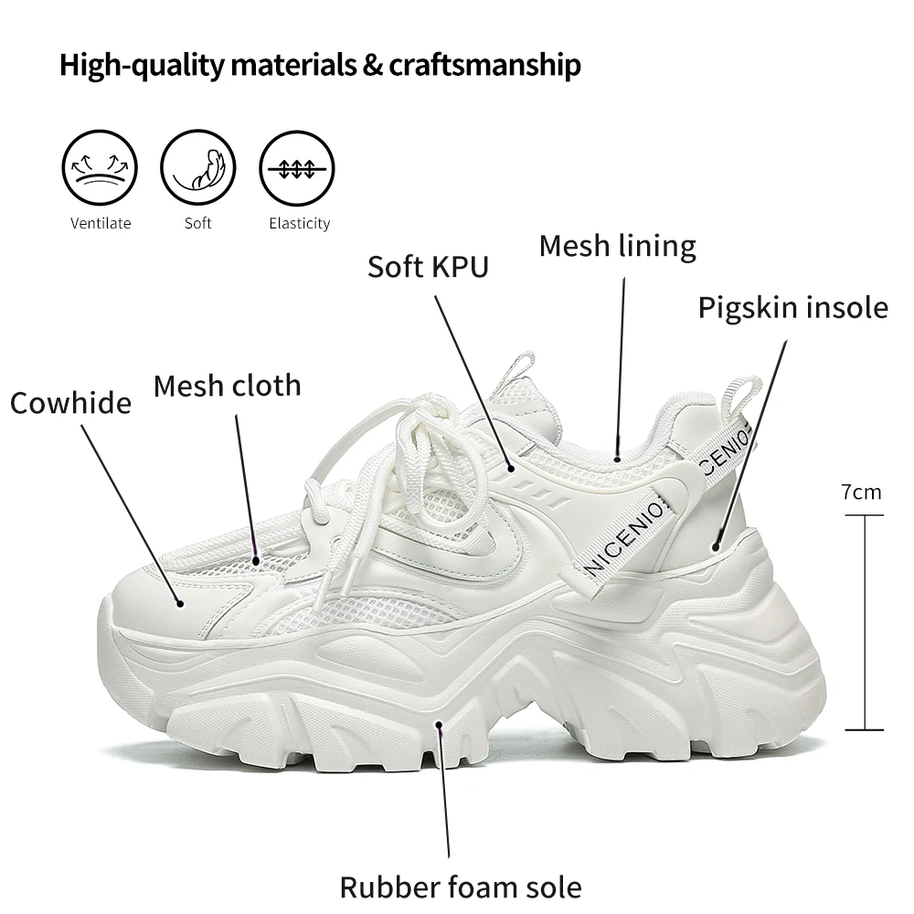 SOMILISS Women Chunky Sneakers Genuine Leather Mesh Round Toe Lace Up Ladies Breathable Fashion Platform Casual Shoes Handmade