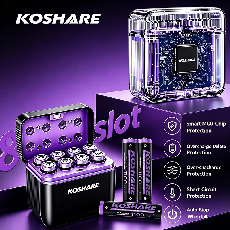 KOSHARE 8-Slot LED Smart Lithium-Batterieladegerät mit Unabhängigem Schnellladegerät für 1,5V AAA 1100mWh Li-Ionen-Akkus