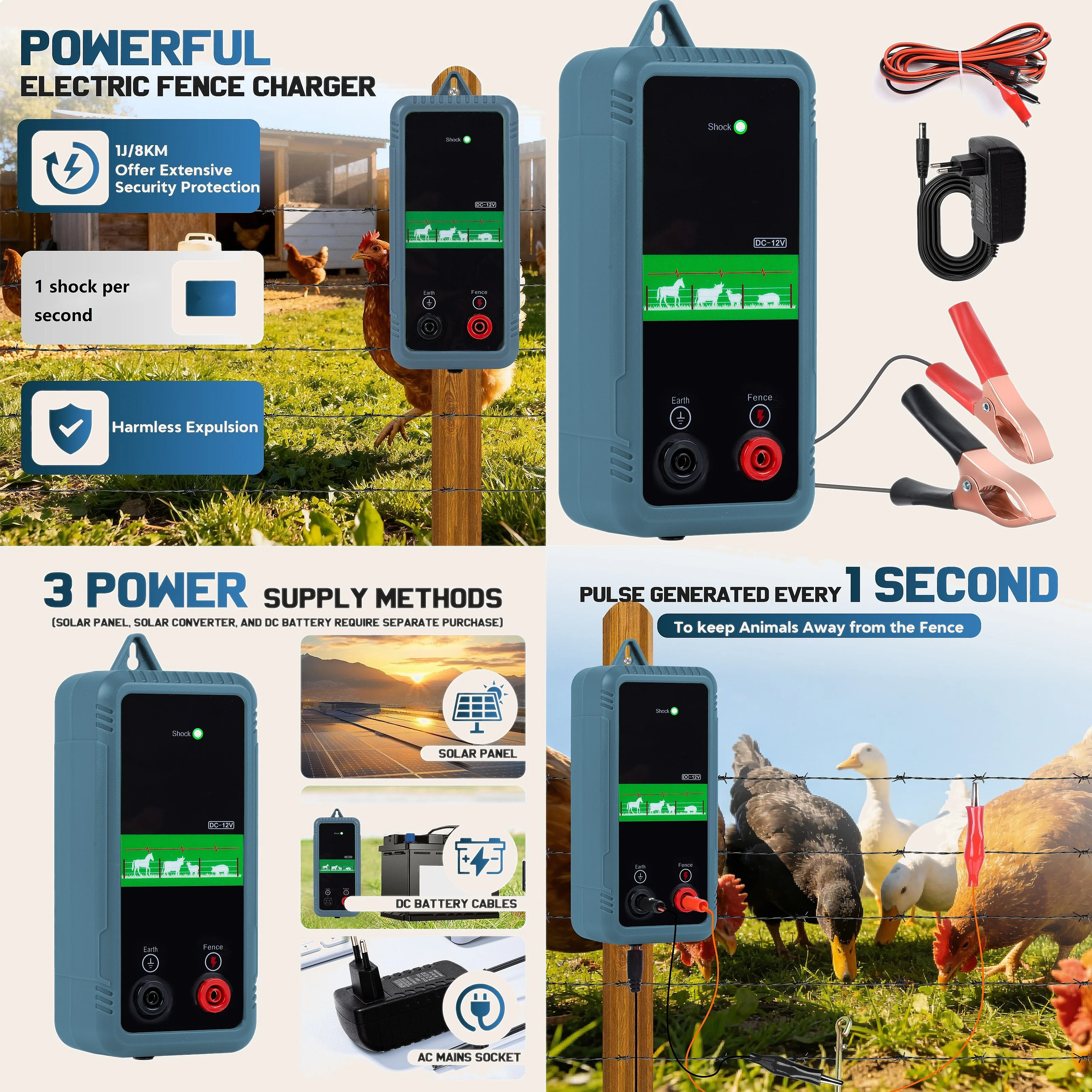 5 Miles Electric Fence Energizer 10KV Livestock Charger for Wildlife Prevention