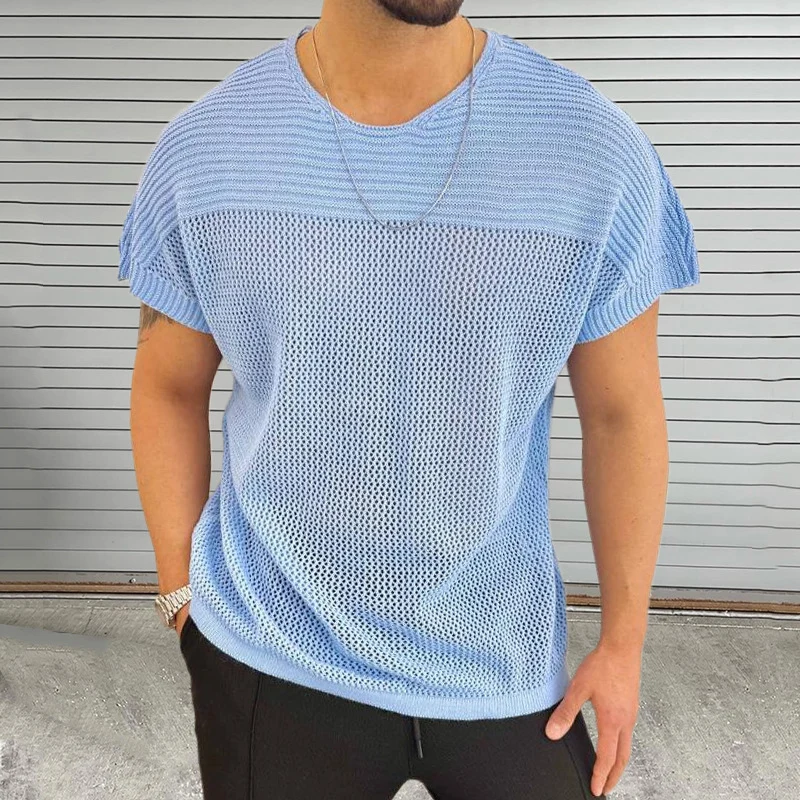 Knitting Hollow Out Breathable Thin T Shirt Mens Summer Fashion Pure Color Knitted T-shirts Men Casual O Neck Short Sleeve Tops