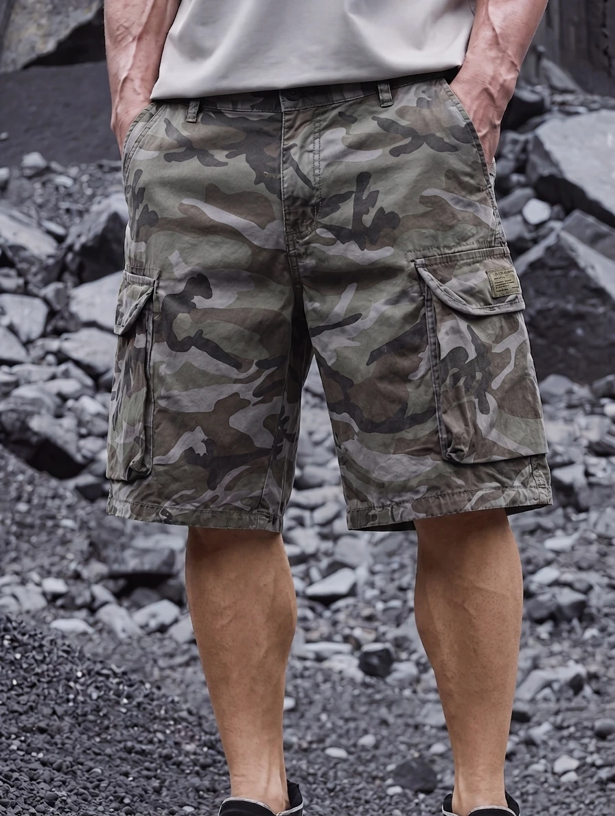 

New summer men's casual pants, camouflage multi-pocket five-point pants, medium-waist 3219