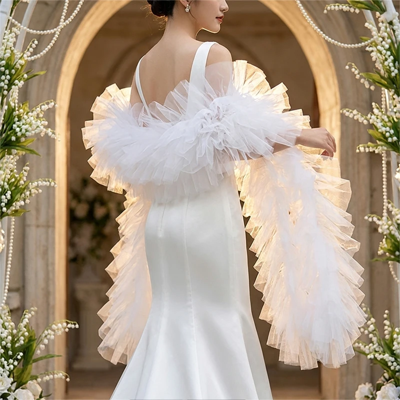 

Fashion Stage Ball Party Club Dress Shawl Trailing Tulle Ruffle Shawl Wrap Wedding Bridal Prom Gown Decor Accessories