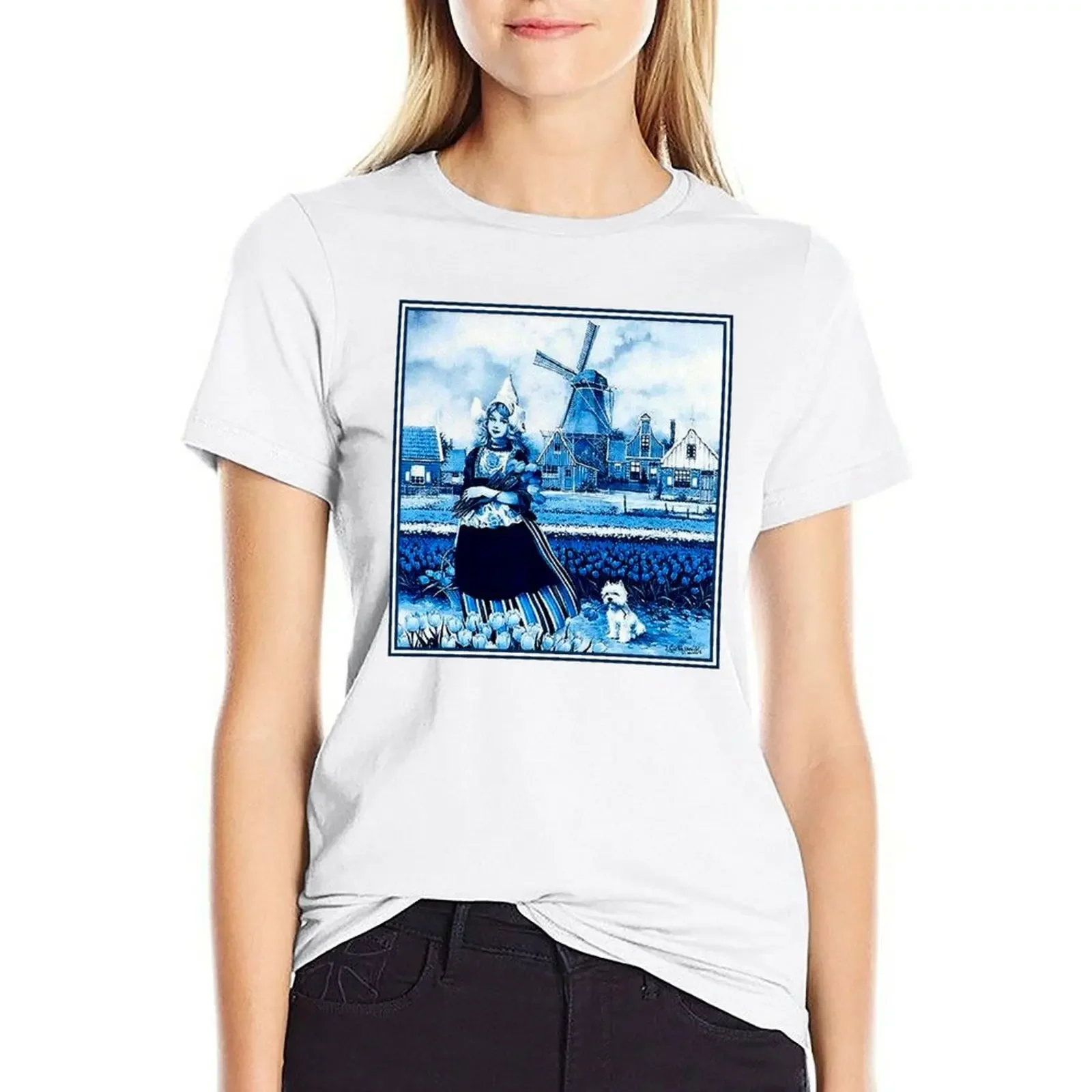 DUTCH BLUE DELFT : Vintage Windmill, Young Girl, Dog and tulips Print T-shirt