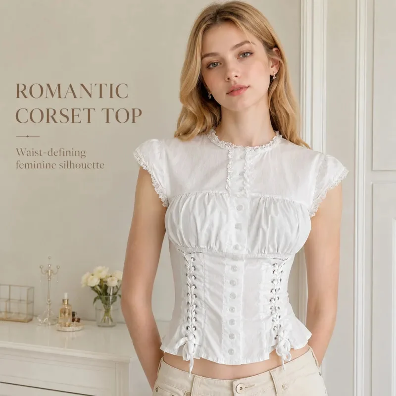 Vintage Retro Y2K White Ruffled Cap Sleeve Lace Up Cinched Waist Button Front Crop Blouse For Teen Girls Summer Back To School