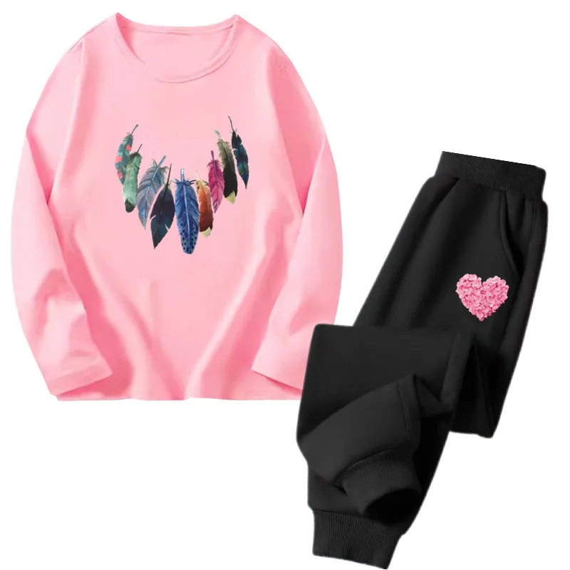 

Girls Fashion Clothing Sets Kids Long Sleeve Colourful Feathers T-shirt Tops + Pants 2pcs Outfits Cartoon Tracksuits