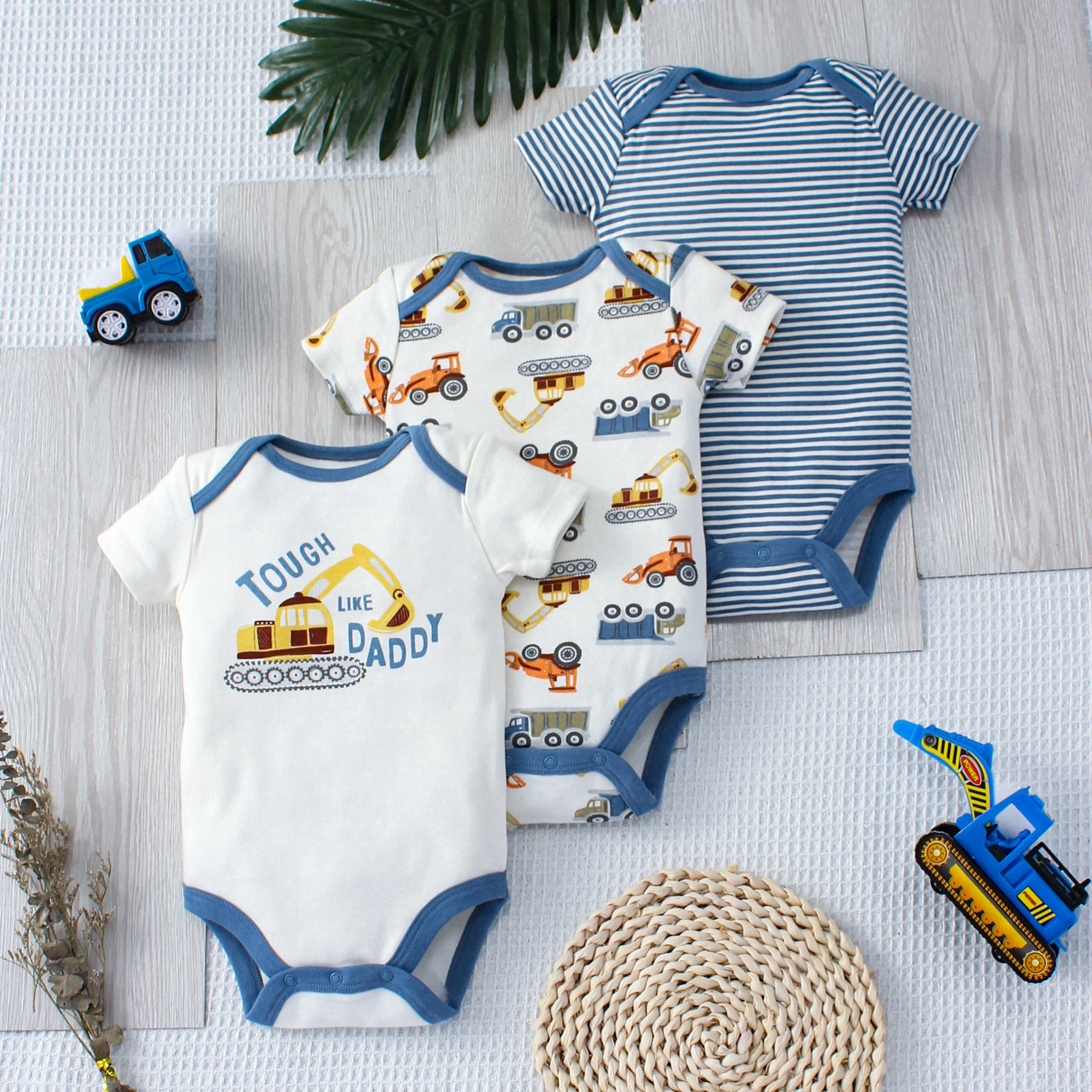 3PCS Summer Boys Baby Bodysuit Three piece Set Cartoon Excavator and Stripe Pattern Short Sleeve Button Design Triangle Bodysuit