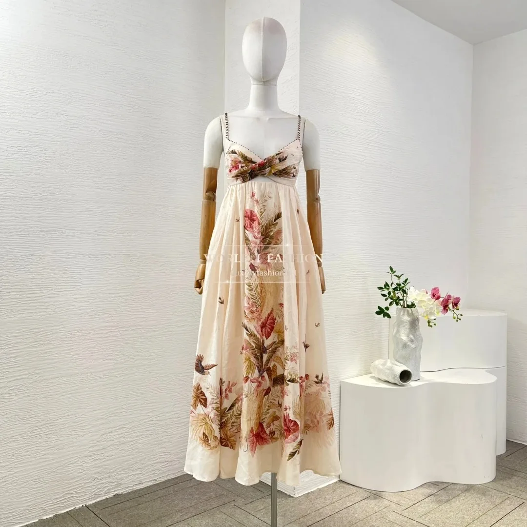 فستان متوسط الطول بدون أكمام بطبعة زهور بيج عالية الجودة للعطلات