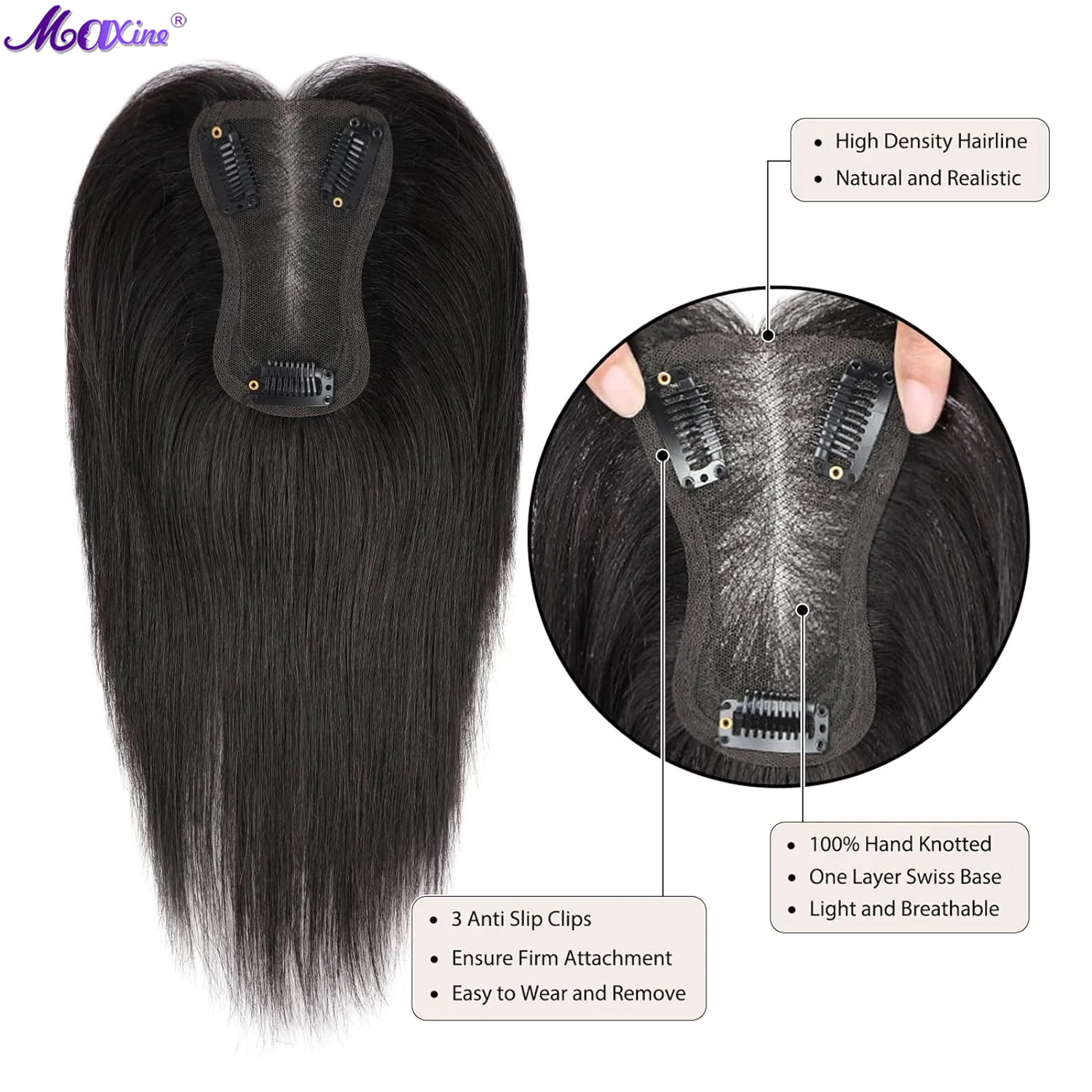 Human Hair Toppers for Women Real Human Hair 100% Remy Human Hair Toppers for Thin Hair 10inch Swiss Base Hand-Tied Straight