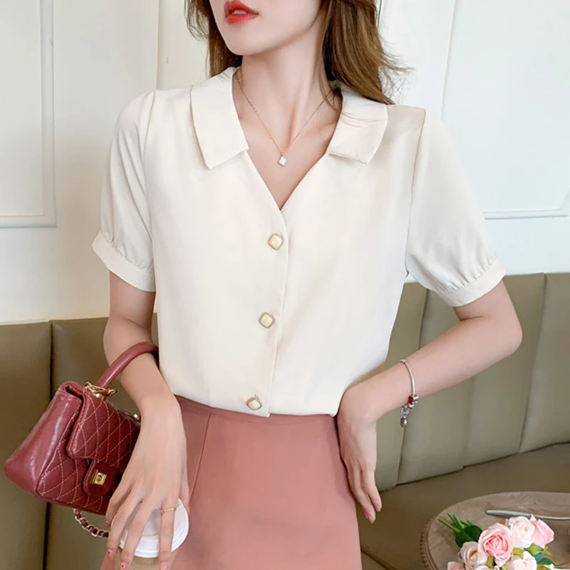 New Summer Short Sleeve Turn Down Collar Women Shirt Casual Chiffon Shirt Blouse Women Tops Blusas Mujer De Moda 2024 Verano J10