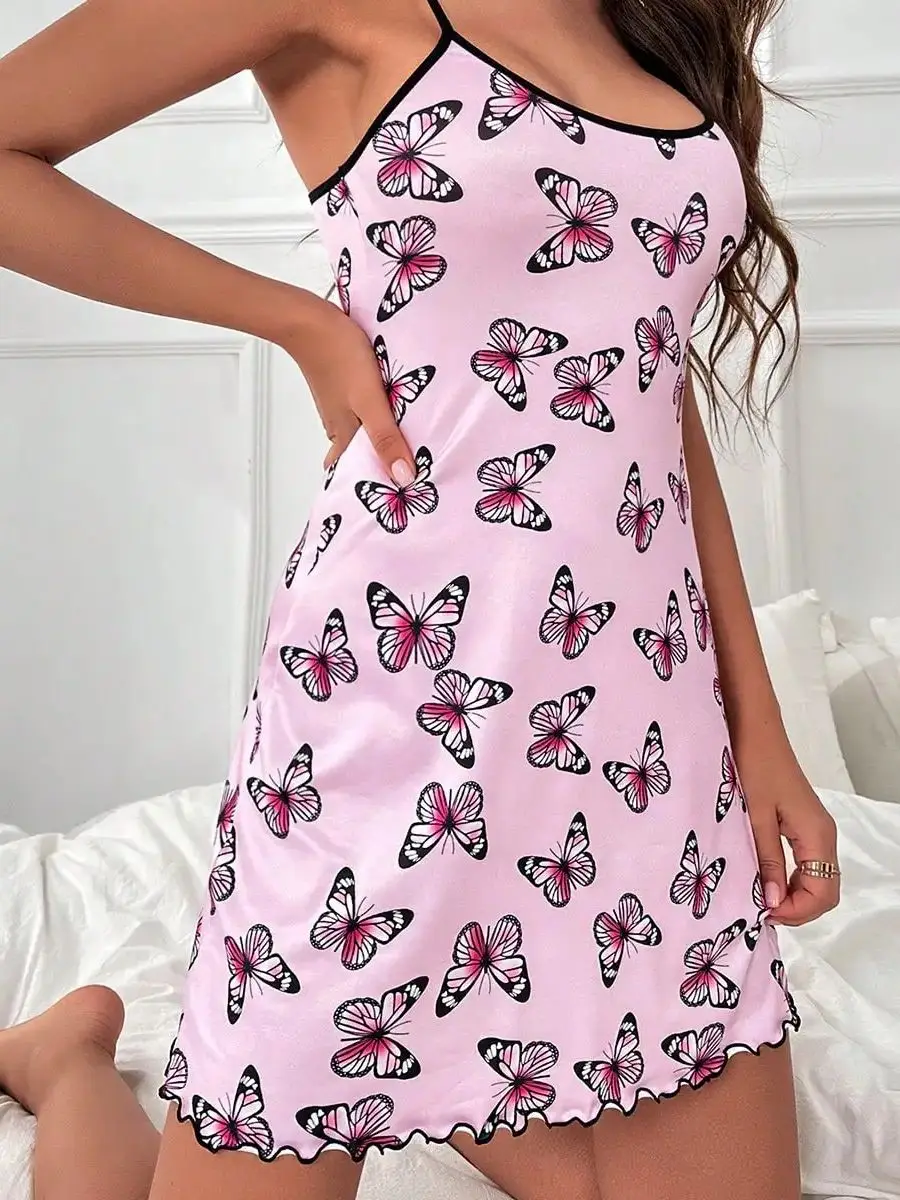 Butterfly Print Slip Nightdress Round Neck Sleep Dress Split Thigh Nighties Skinny Ladies Nightgown Cute Loungwear