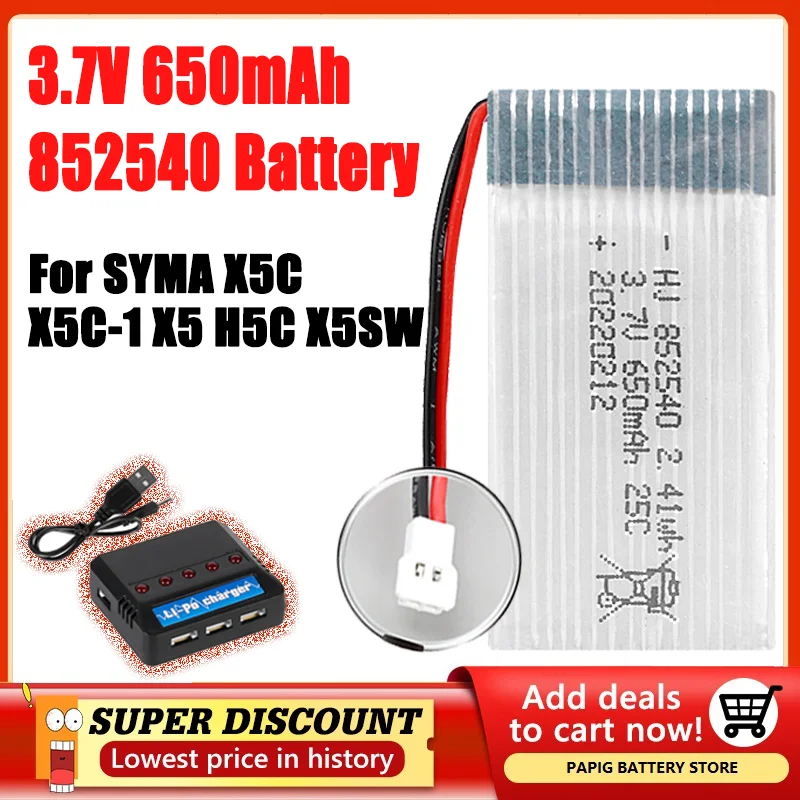 Original 3,7V 650mAh 25C 852540   Plugue de bateria Lipo XH2.54 para SYMA X5C X5C-1 X5 H5C X5SW RC Quadcopter Drone peça de reposição