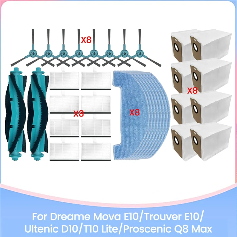 

N02R-34PCS For Dreame Mova E10/Trouver E10 Ultenic D10/T10 Lite Proscenic Q8 Max Spare Parts Brush HEPA Filter Mop Dust Bag