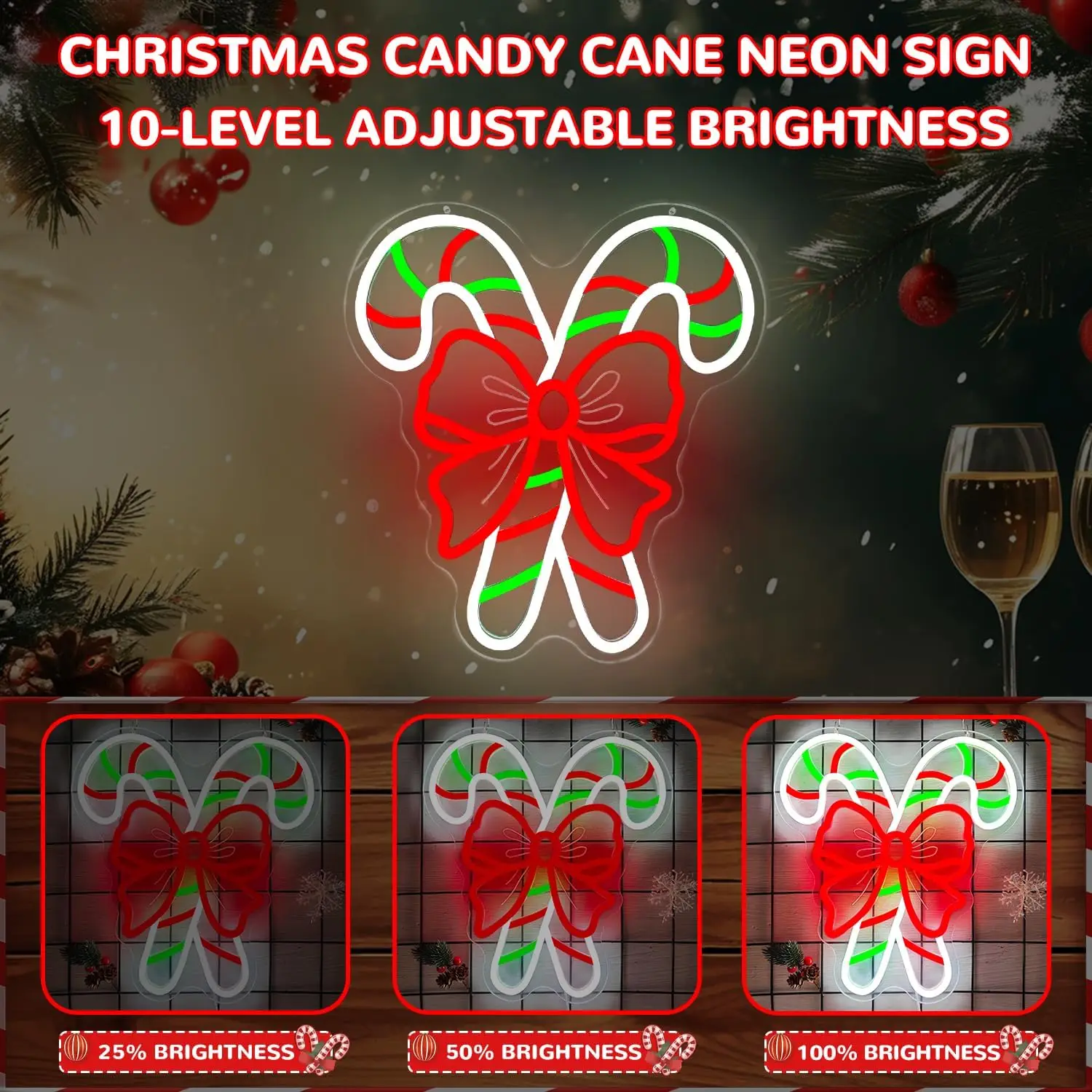 Insegna al neon natalizia Canna di zucchero dimmerabile Illumina bastoncini di zucchero con fiocco Decorazioni natalizie Decorazione da parete al neon natalizia per la casa