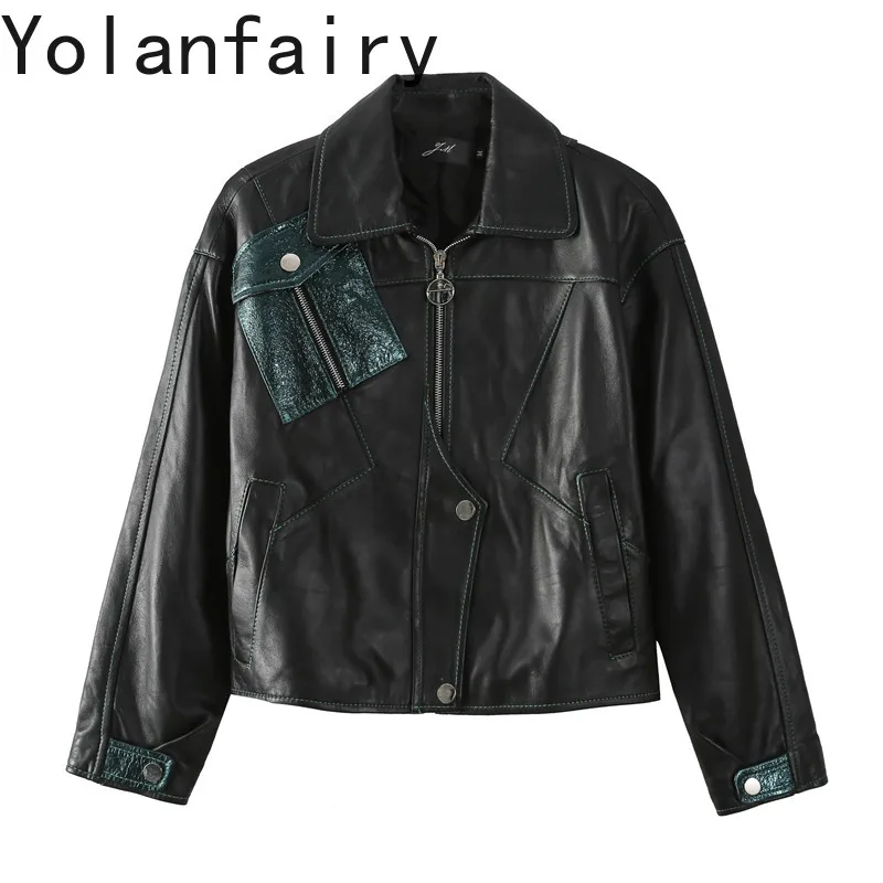YOLANFAIRY Genuine Sheepskin Leather Jacket Women 2026 Fall Color Block Long Sleeve Slim Fashion Real Leather Short Coat Jackets