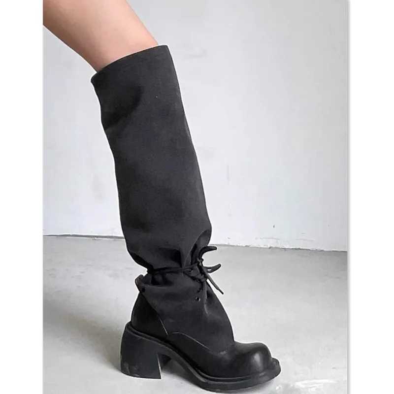 Walled Denim Boots for Women, New Autumn and Winter Thick Heel High-Heeled Boots with Straps, Slimming and Stacking Boots