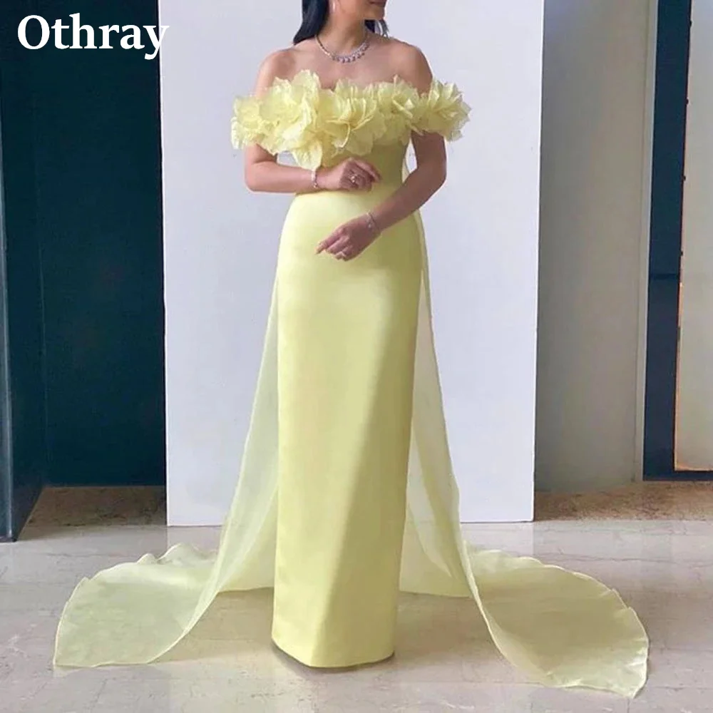 Otrray-vestido de noche amarillo Dubái para mujer, traje largo de Organza con hombros descubiertos y flores en 3D, para fiesta Formal, 2025