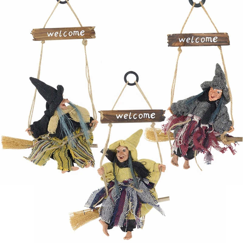 

Halloween Ghost Witch Doll Horror Flying Witch Pendant with Broom Happy Halloween Party Home Room Door Garden Hanging Decoration