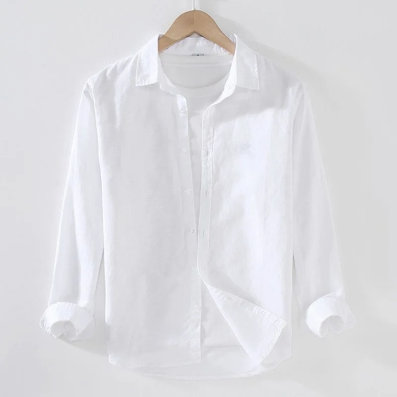 Lightweight Cotton Linen Men's Long Sleeve Casual Loose Fit Shirt Breathable Comfortable Spring Summer White Inner Wear Trendy