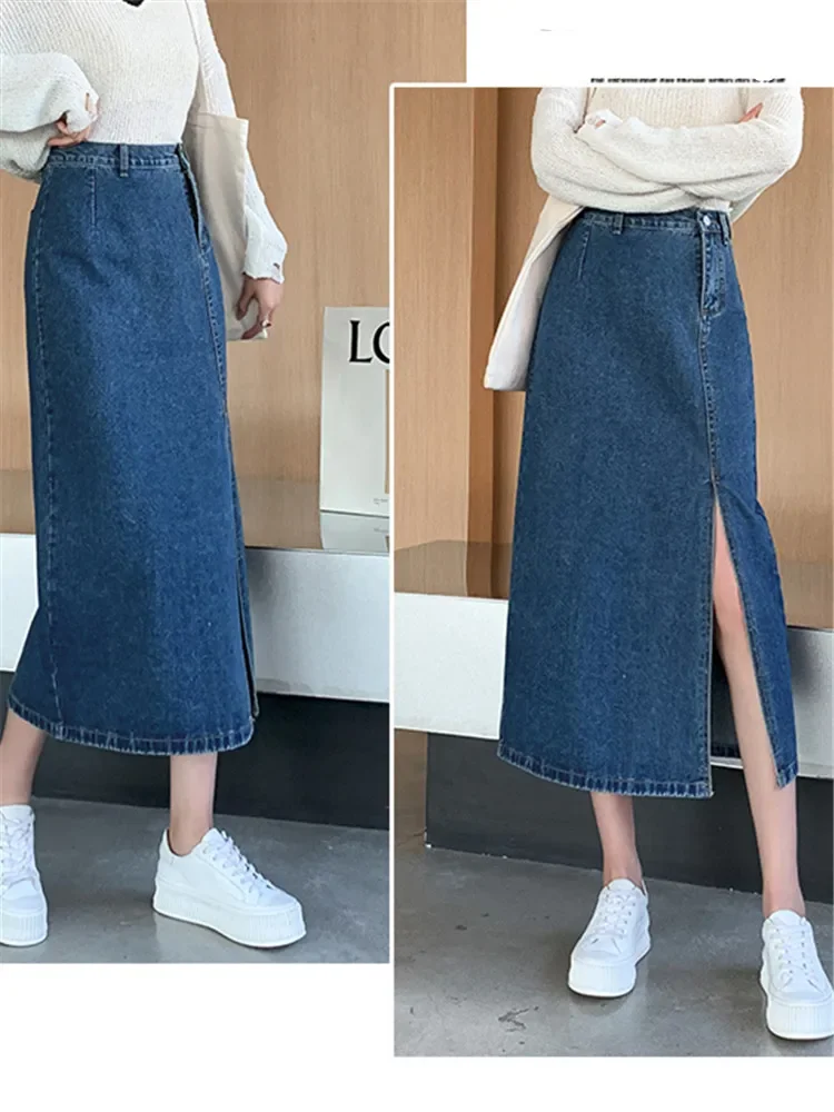 تنورات دينم بفتحة جانبية عالية الخصر للنساء ، تنورات رعاة البقر ، جينز أزرق عتيق للنساء ، جديد ، الربيع والصيف ، #6