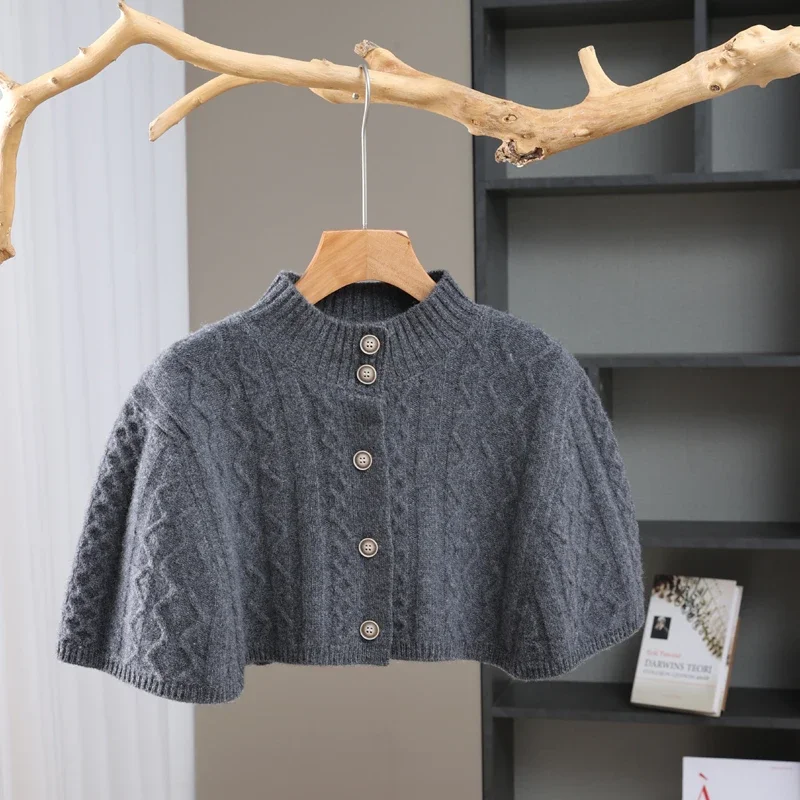 

Женская вязаная накидка на пуговицах с коротким рукавом, мягкий женский модный трикотаж, высокая горловина, укороченная длина, винтажный стиль, зима