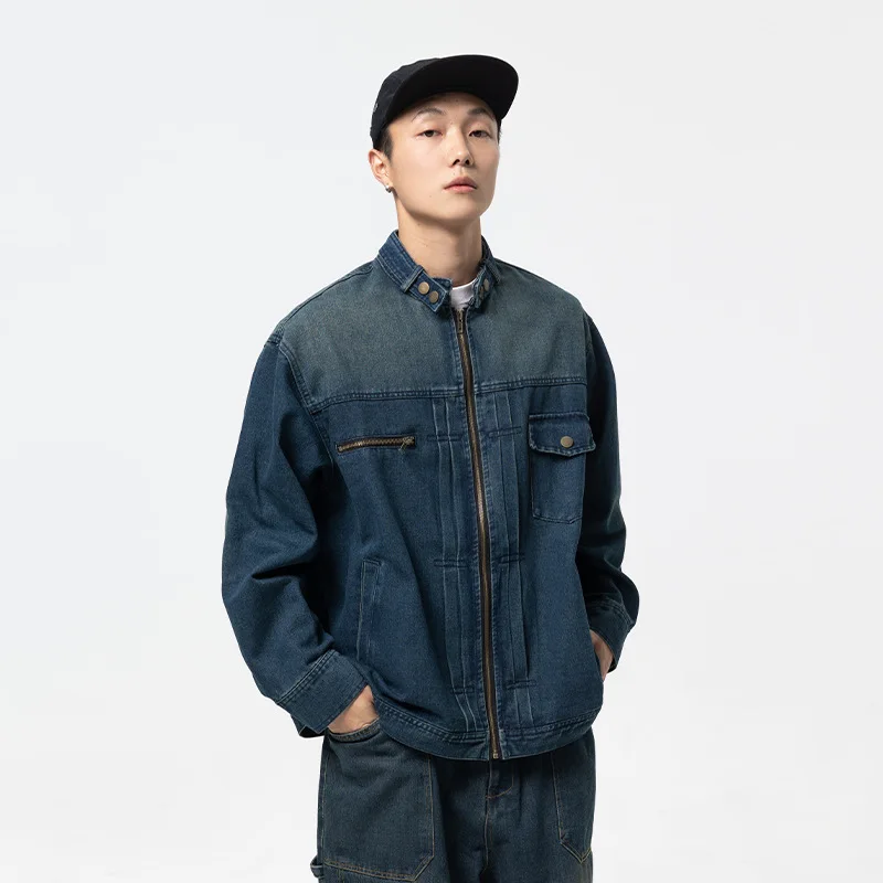 Men Cityboy Harajuku Streetwear Fashion Stand Collar Loose Casual Vintage Denim Cargo Jacket Male Motorcycle Coat Outerwear