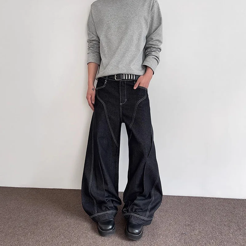 春と秋のメンズカーブジーンズ、複数の可視ライン、メンズストレートレッグパンツ、フレアジーンズ、Y2Kヒップホップパンツ
