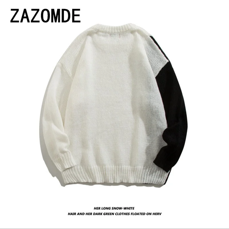 ZAZOMDE Vintage บล็อกสีรอบคอเสื้อกันหนาวสําหรับบุรุษและสตรี Casual Streetwear หลวม Fit เสื้อถักอินเทรนด์เสื้อคู่