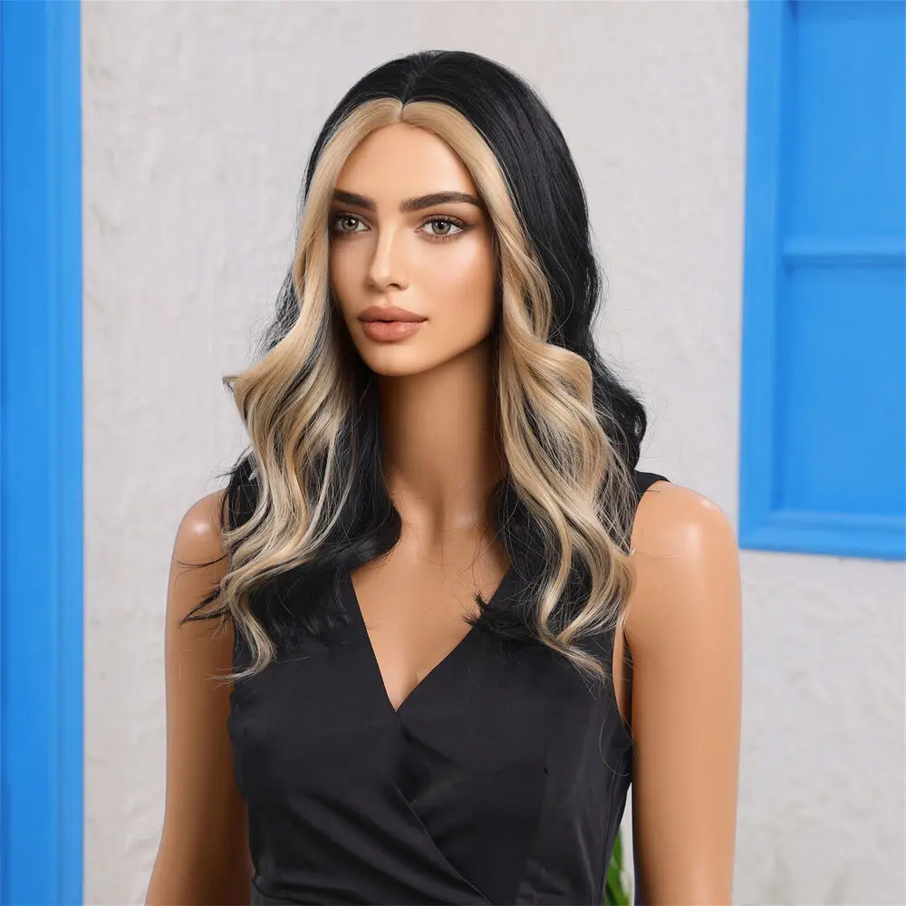 Long Wavy Black Synthetic Highlight Blonde for Women Cosplay wigs