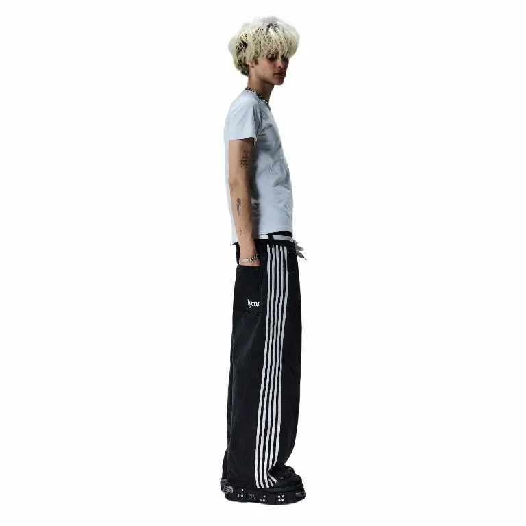 Hip Hop Striped Graphic Baggy Jeans Y2K Jeans Harajuku Black Pants Mens Womens Gothic High Waist Wide Leg Trousers Clothes