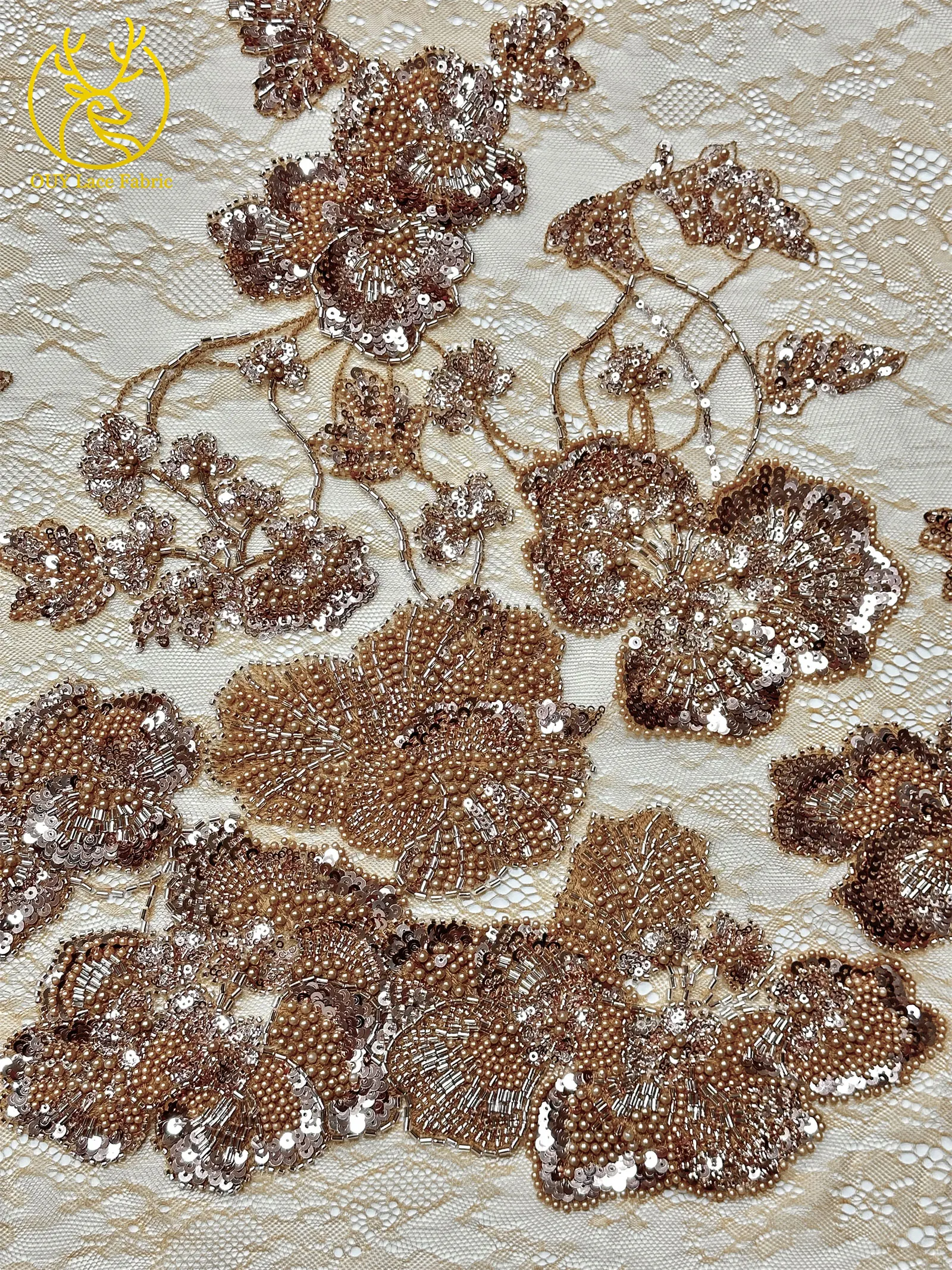 Afrikanischer Perlen-Spitzenstoff, 5 Yards luxuriöser nigerianischer französischer Pailletten-Spitzenstoff, ideal zum Nähen von Damen-Partykleidern – Detail 8