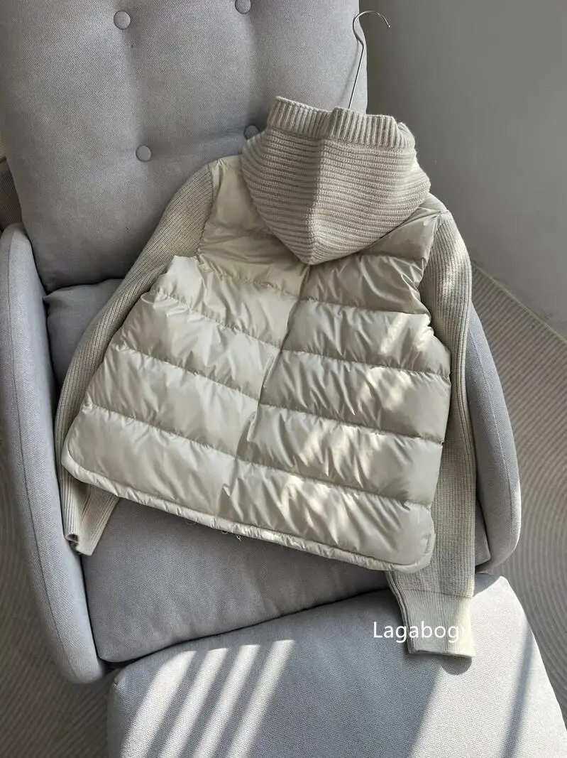 Lagabogy 2025 جديد الخريف الشتاء محبوك المرقعة الأبيض بطة أسفل سترة المرأة الرباط مقنعين الدافئة خفيفة الوزن معطف منتفخ #3