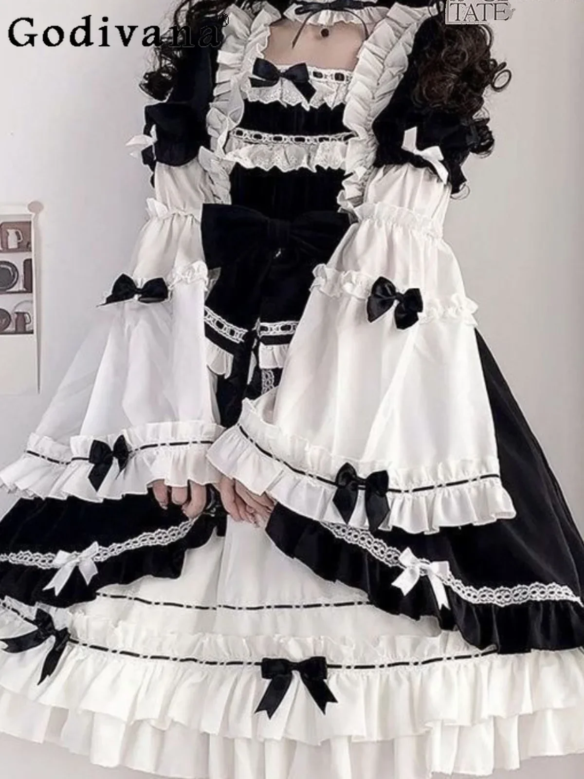 

Original Lolita Sweet Black and White Mdi Dress for Women 2024 Autumn New Cos Princess Sweet Ladies Removable Sleeve Op Dresses