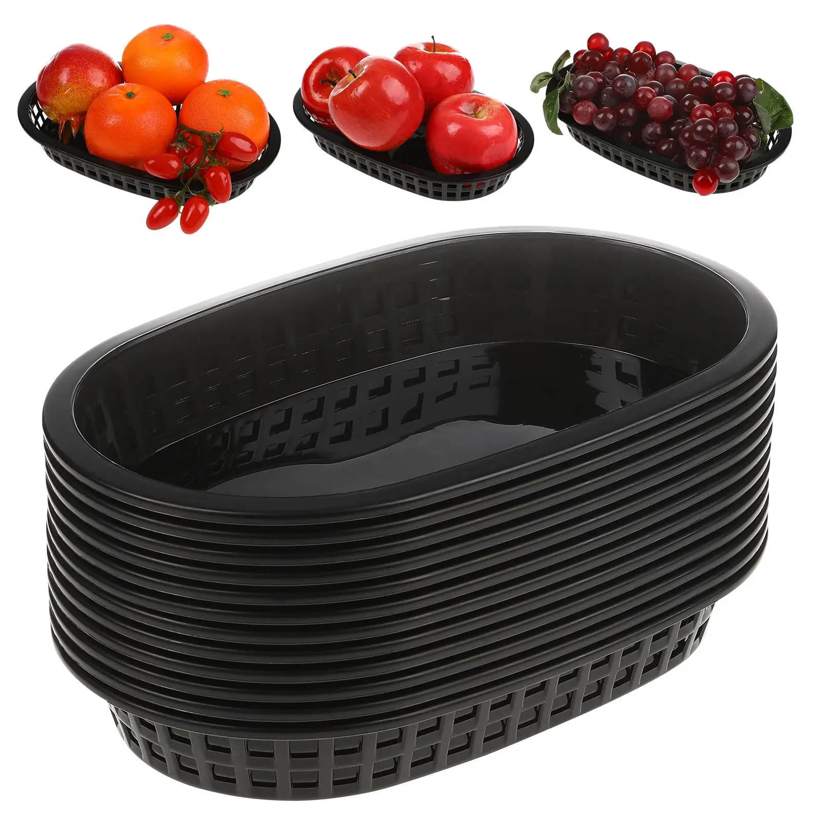 

12 Pcs Oval-Shaped Tray Plastic French Fries Hamburger Basket Fast Food Plastic Tea Tray Catering Barbecue Tray Kitchen Supplies