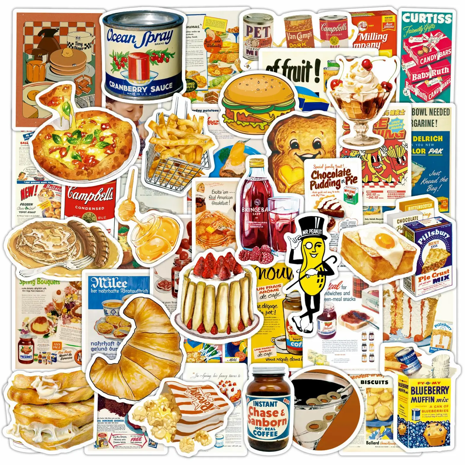 50Pcs Cute Retro Food Ins Style Poster Sticker DIY Phone Laptop Luggage Skateboard Graffiti Decals Fun for Kid Gift