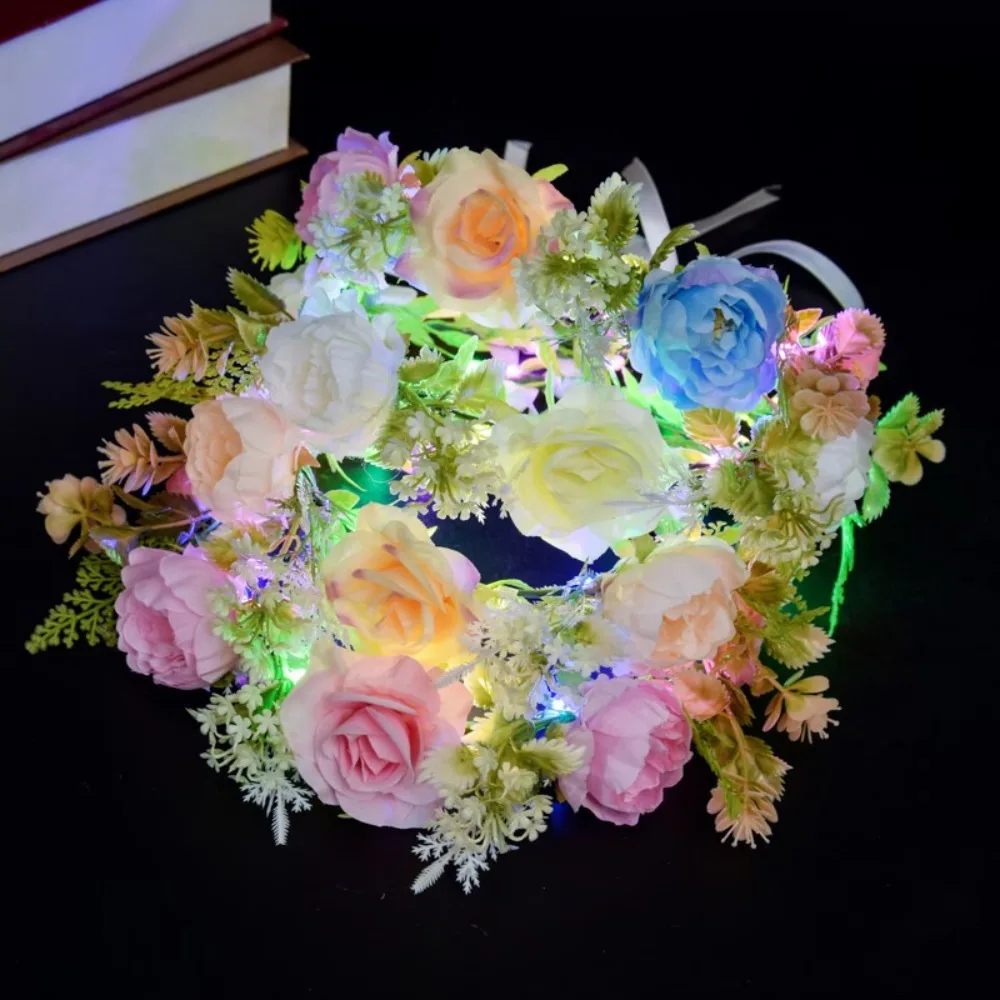 Simulation Rose Flower Flower Crown Hairband Glowing Luminous Wreath Headband Flora Hair Hoop LED Light Garland Wedding Party