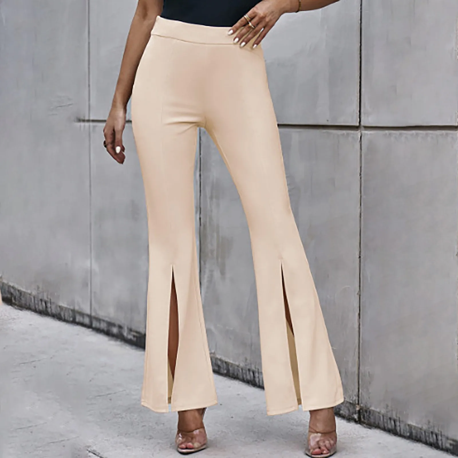 

Womens Wide Leg Cropped Pants High Split Hem High Waist Pants Wide Leg Business Suits Workout Loungewear Flared Fork Trousers