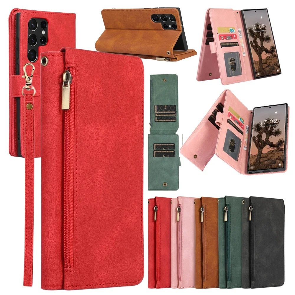 

Чехол-кошелек с ремешком для Samsung Galaxy S25 Plus S24 Ultra S23 S23FE S22, кожаный чехол с подставкой, чехол-кошелек с карманом для наличных карт