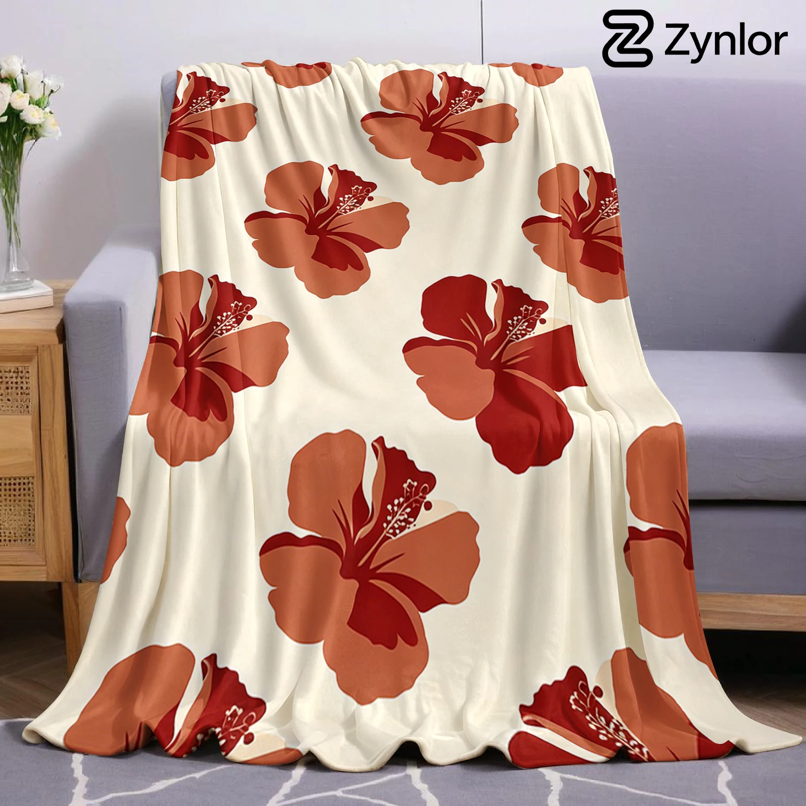 Boho Hibiscus Print Lightweight Microfiber Flannel Blanket Soft Warm Cozy Throw All Season for Bed Sofa Office Travel Gift
