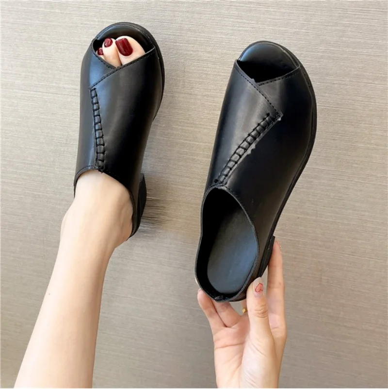 

Thick-heeled Soft Leather Outer Slippers Fish Mouth Comfortable Versatile Mid-heeled Women Sandals Women's Mother's Shoes Women