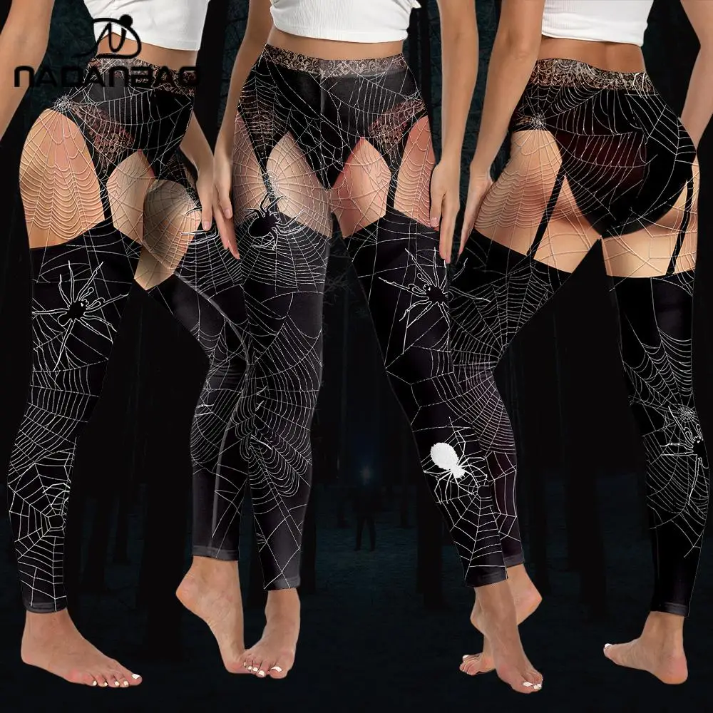 NADANBAO Halloween Spider Web Leggings per le donne collant Sexy Lady Yoga Workout Pants Party pantaloni Cosplay vita media Streetwear