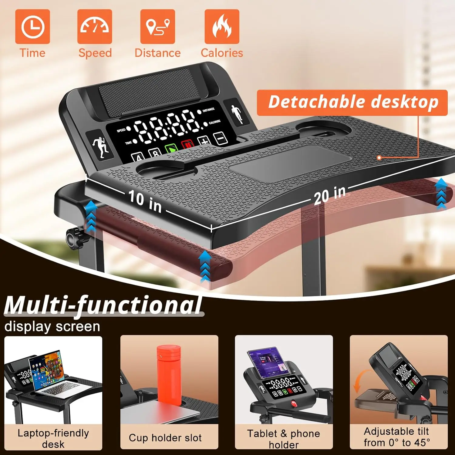 Incline Treadmill with Desk Workstation, 12% Slope for Home Office, 350lbs Max Load, 3.5HP Motor