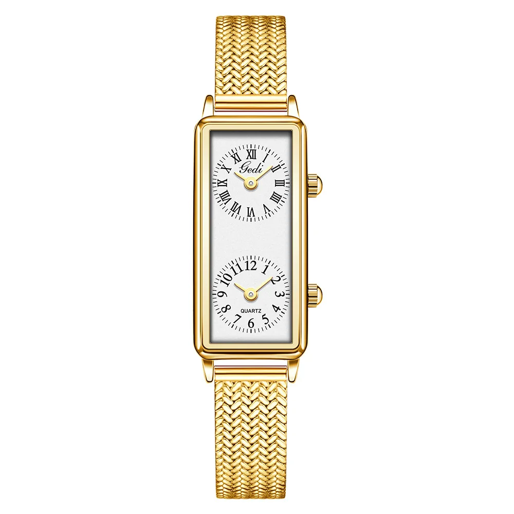 Dual Movement Watch Women Retro Square Wristwatches Waterproof Steel Leather Dual Time Zone Clock Female Fashion Quartz Watches